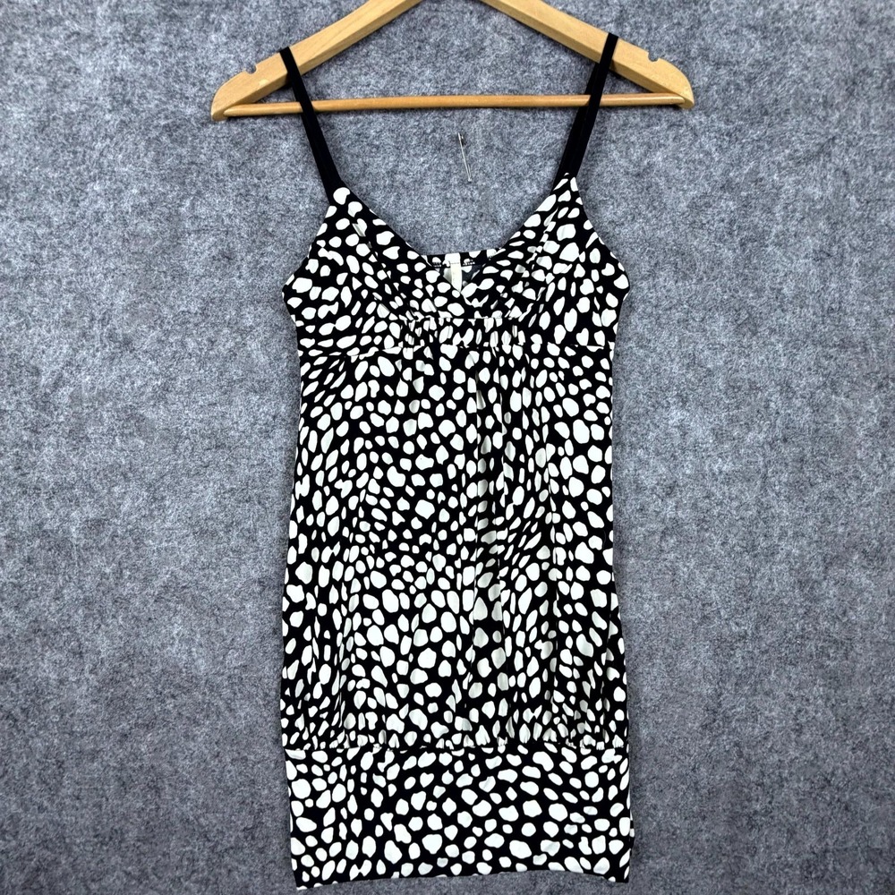 Womens Cami Mini Dress Small Black White Polka Dot Smocked Spaghetti Strap Party